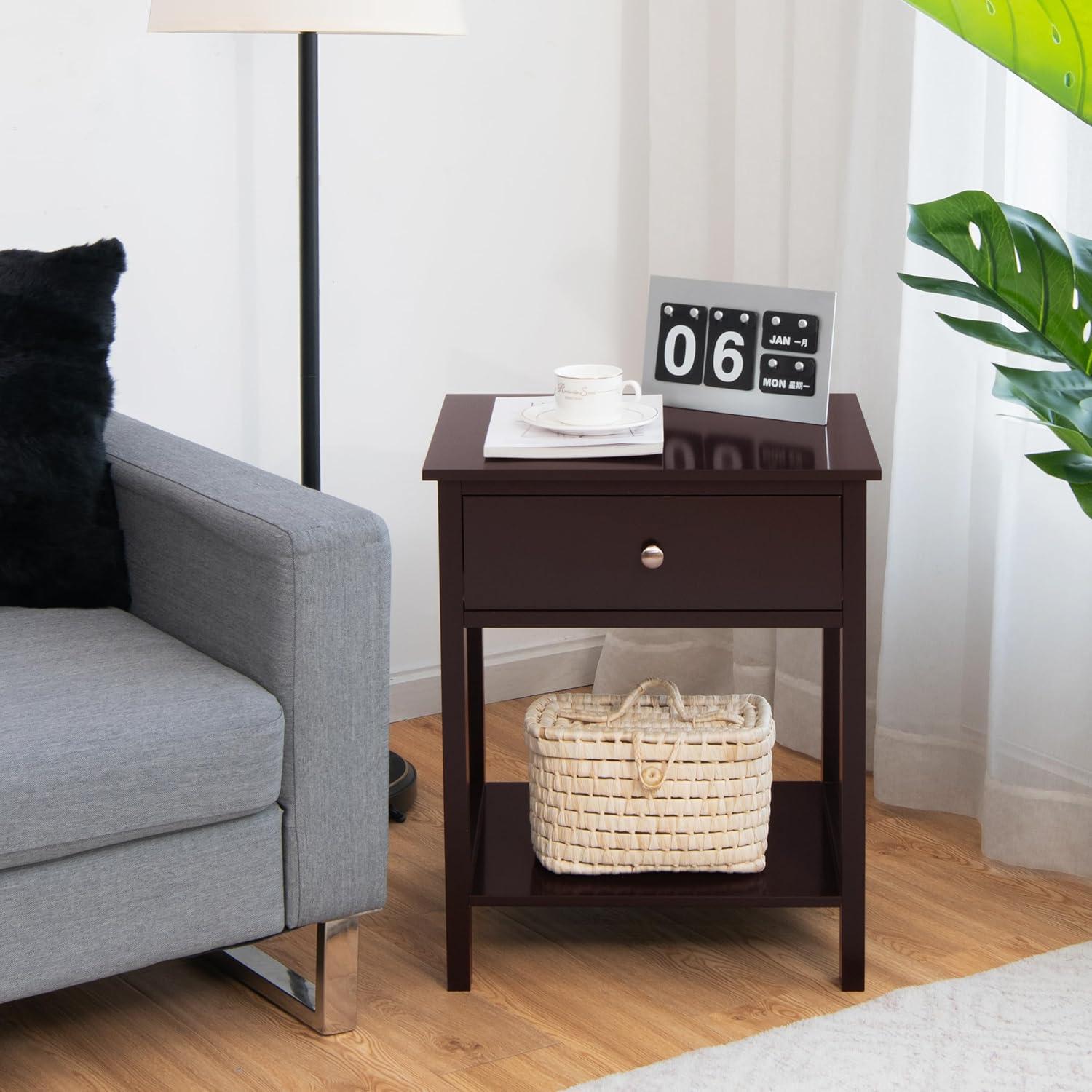 image:imageGiantex Nightstand Wood End Table with Drawer and Open Shelf Night Stand for Small Spaces 2Tier Bedside Table for Living Room Bedroom Dorm Easy Assembly WhiteBrown