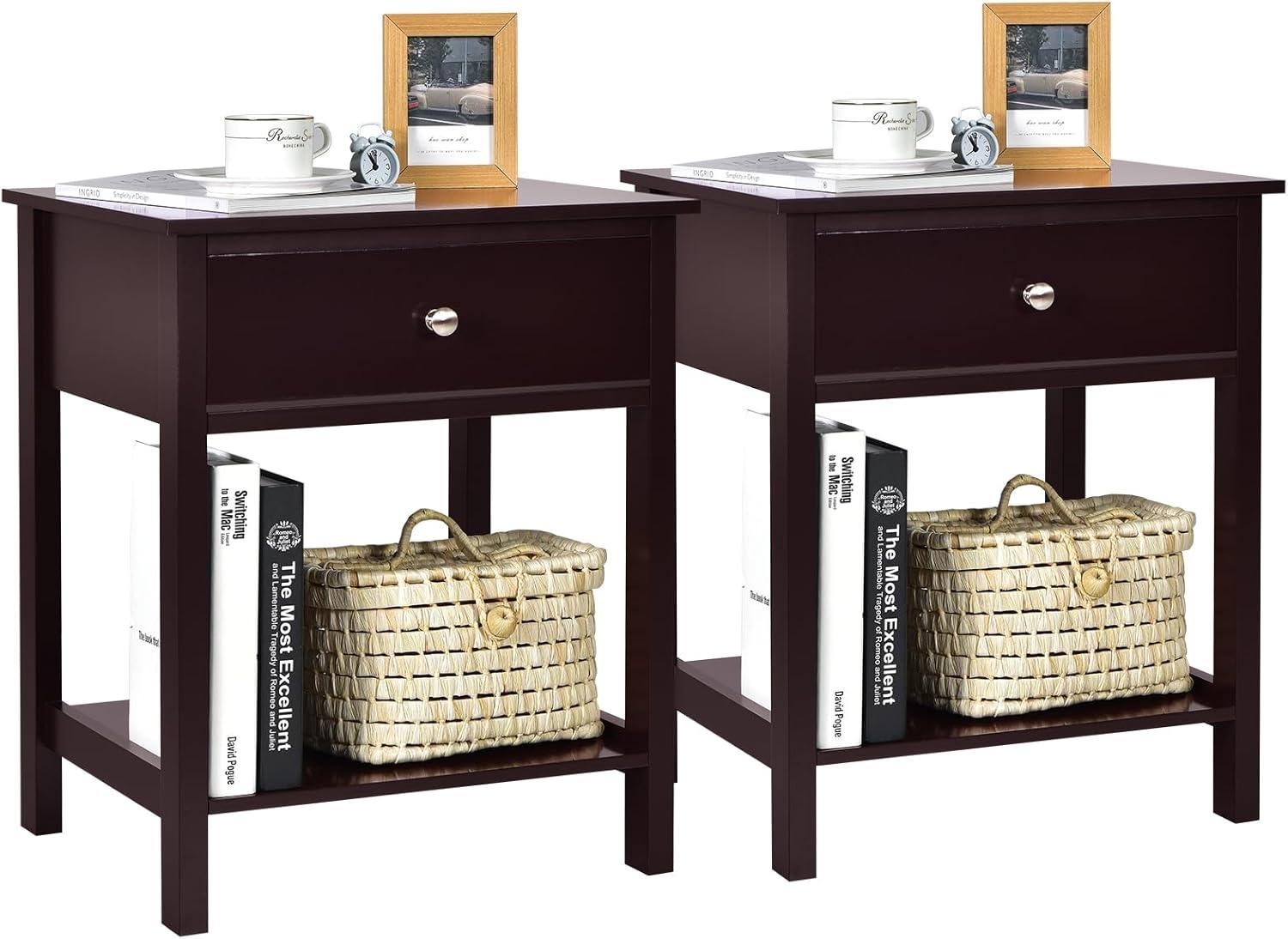 image:imageGiantex Nightstand Wood End Table with Drawer and Open Shelf Night Stand for Small Spaces 2Tier Bedside Table for Living Room Bedroom Dorm Easy Assembly WhiteBrown