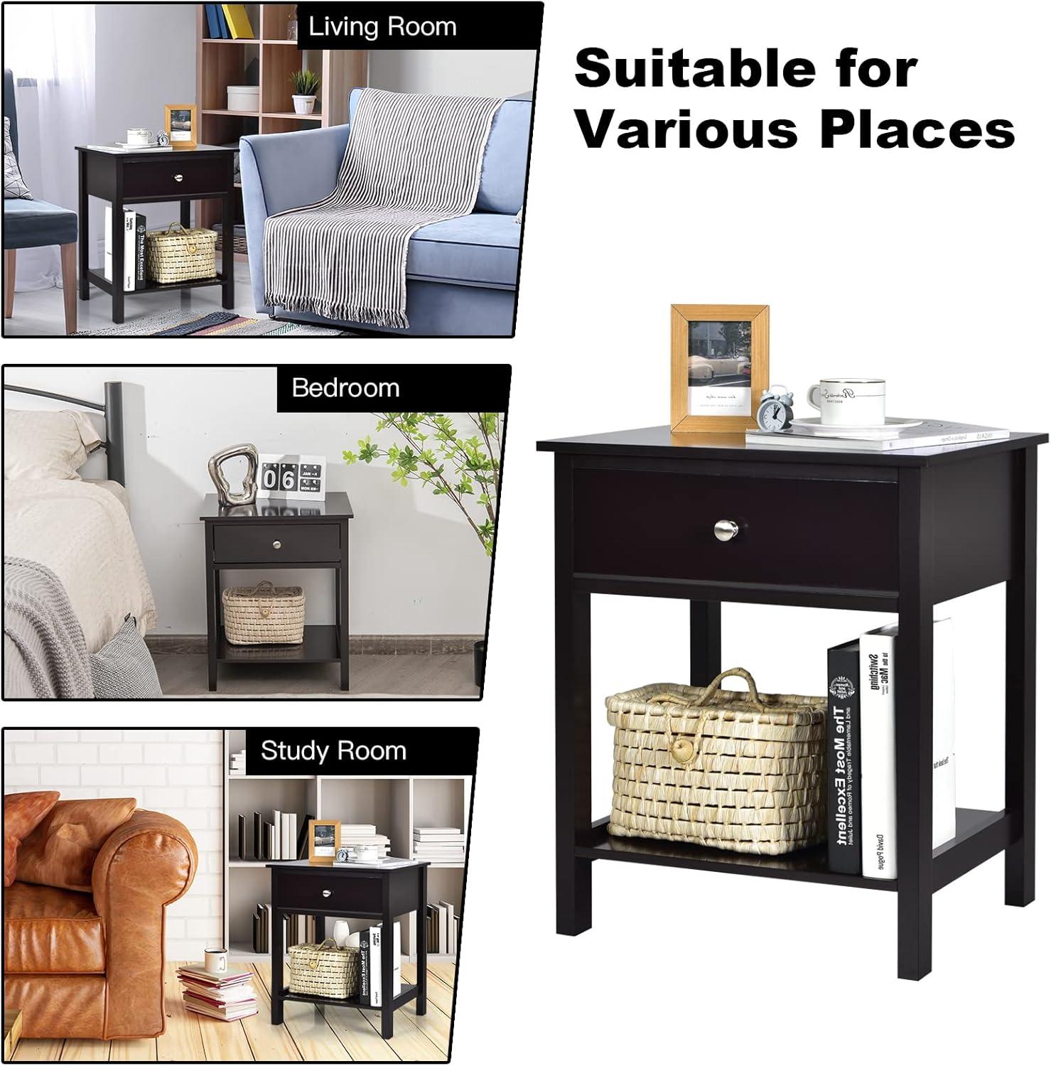 image:imageGiantex Nightstand Wood End Table with Drawer and Open Shelf Night Stand for Small Spaces 2Tier Bedside Table for Living Room Bedroom Dorm Easy Assembly WhiteBlack