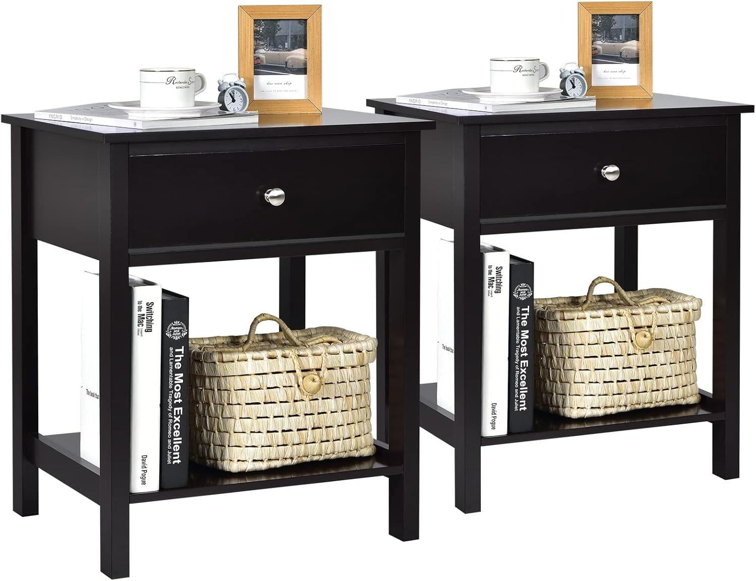 image:imageGiantex Nightstand Wood End Table with Drawer and Open Shelf Night Stand for Small Spaces 2Tier Bedside Table for Living Room Bedroom Dorm Easy Assembly WhiteBlack