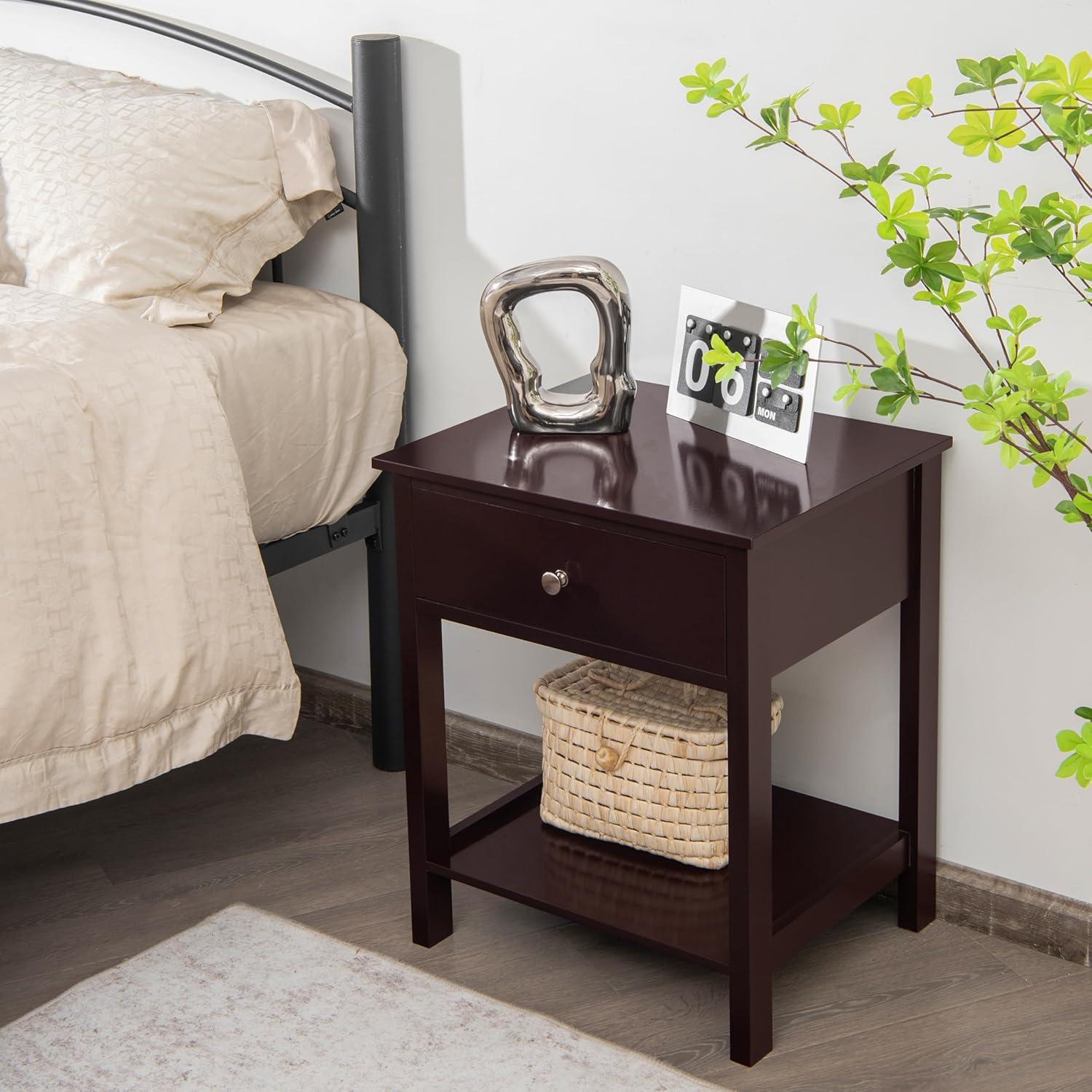 image:imageGiantex Nightstand Wood End Table with Drawer and Open Shelf Night Stand for Small Spaces 2Tier Bedside Table for Living Room Bedroom Dorm Easy Assembly WhiteBrown