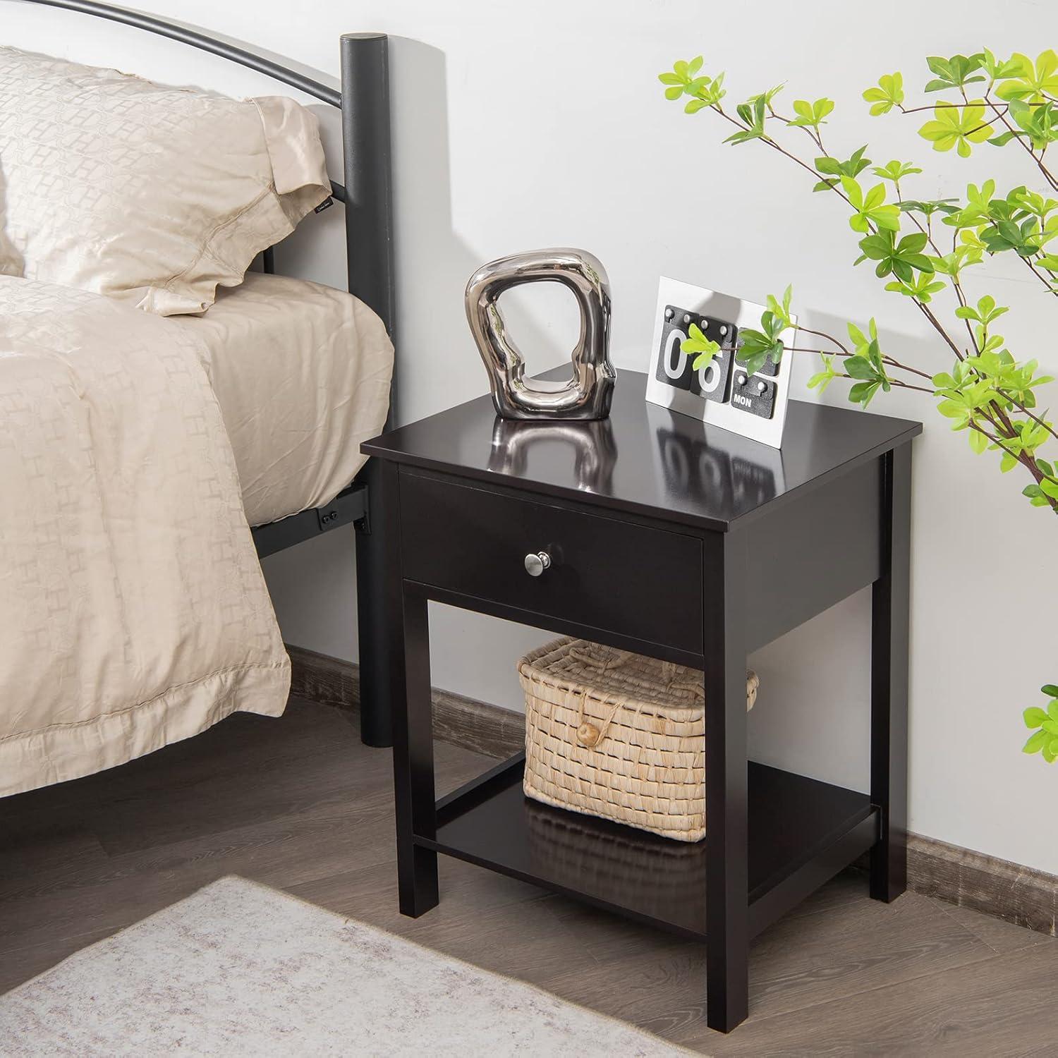 image:imageGiantex Nightstand Wood End Table with Drawer and Open Shelf Night Stand for Small Spaces 2Tier Bedside Table for Living Room Bedroom Dorm Easy Assembly WhiteBlack