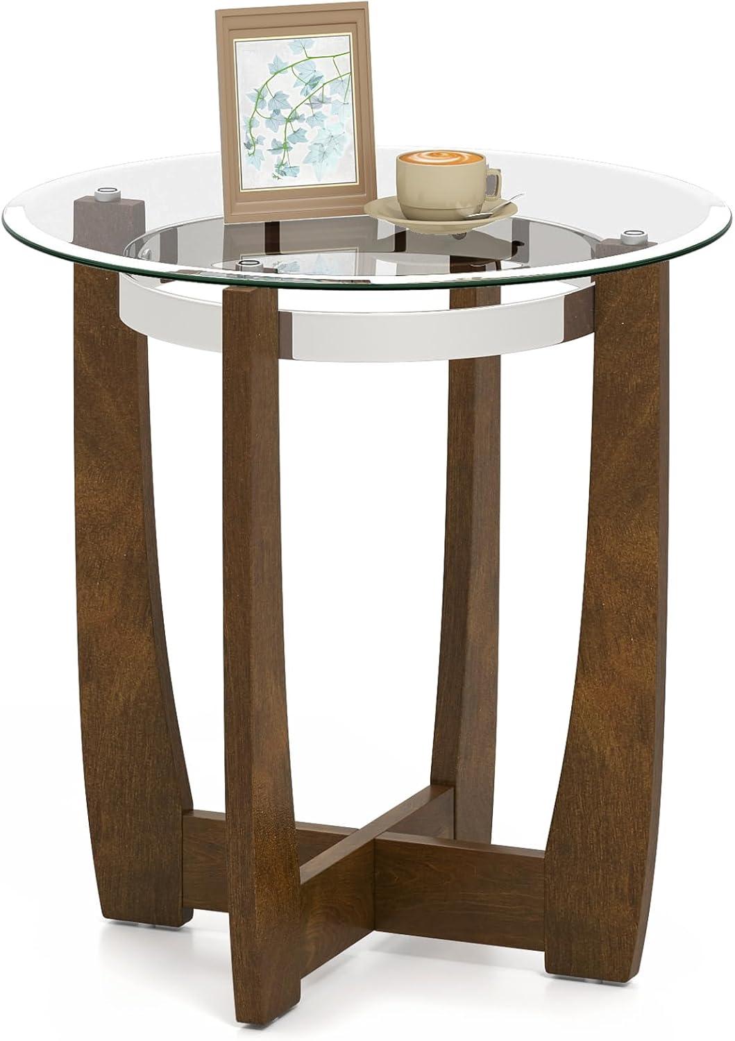 image:imageGiantex Round Glass End Table Set of 2 24 Side Table with Tempered Glass Top Nightstands with Cross amp Solid Rubber Wood Base Compact Bedside Night Stand for Bedroom Office Living Room 2 WalnutWalnut