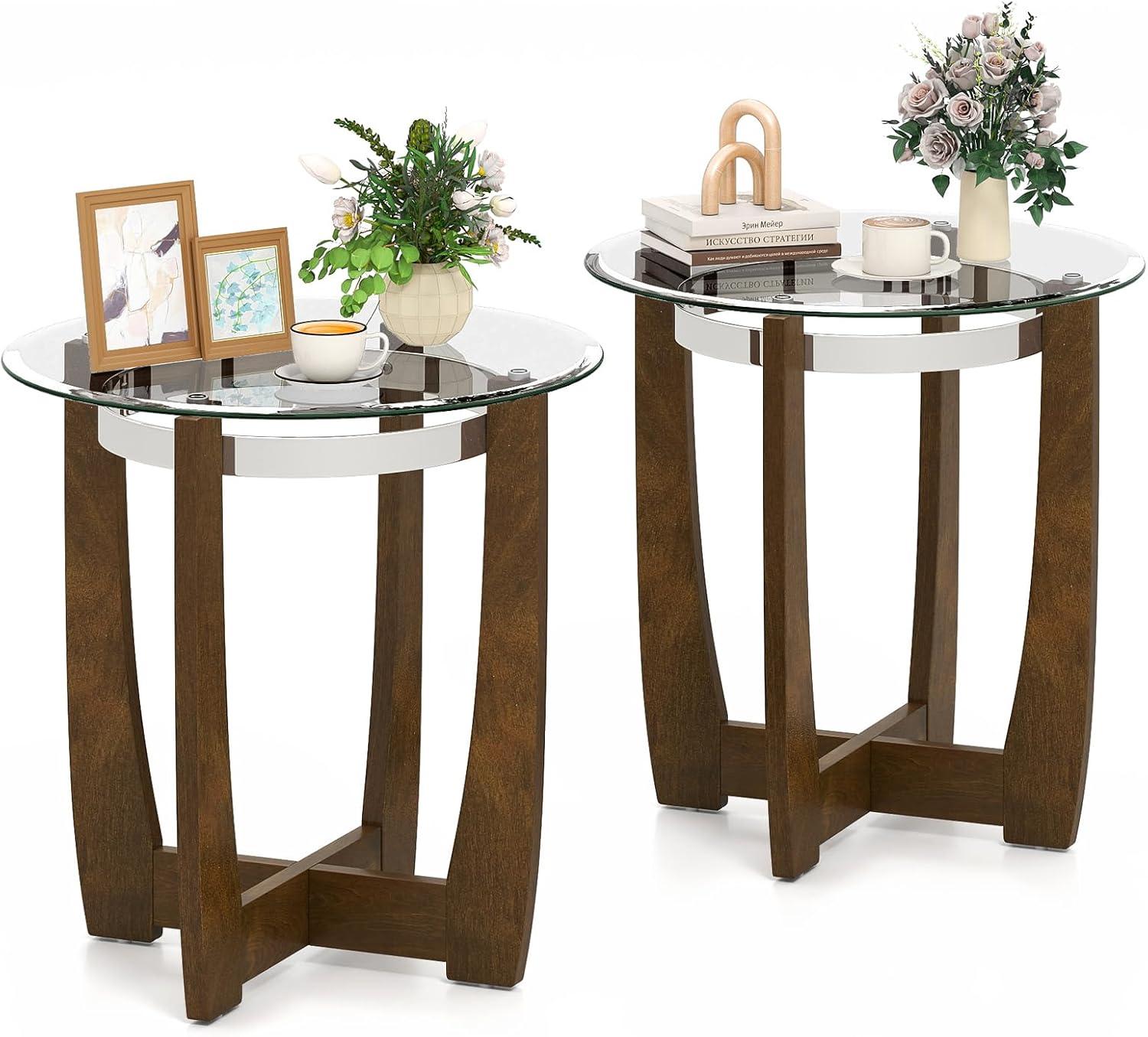 image:imageGiantex Round Glass End Table Set of 2 24 Side Table with Tempered Glass Top Nightstands with Cross amp Solid Rubber Wood Base Compact Bedside Night Stand for Bedroom Office Living Room 2 WalnutWalnut