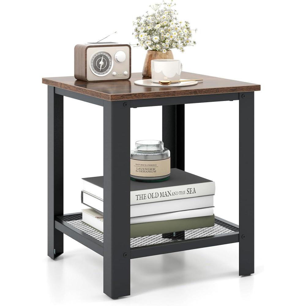 image:imageGiantex 2Tier End Table 16 Inch Small Side Table wMesh Storage Shelf Industrial Telephone Table with HeavyDuty Metal Frame Square Sofa Table for Small Space Living Room Rustic BrownRustic Brown