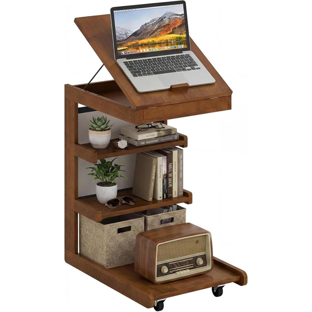 image:imageGiantex CShaped End Table with Wheels Wooden Rolling Side Table wAdjustable Desktop Edge Stopper Side Pocket amp 3 Storage Shelves Sofa Couch Bedside TV Tray for Living Room Bedroom Brown1Brown