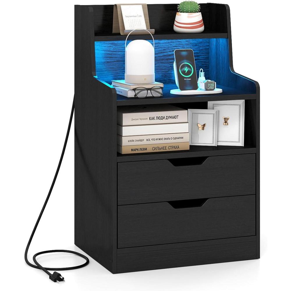 image:imageGiantex LED Night Stand with Charging Station End Side Table wOpen Shelves 2 Storage Drawers Cable Holes Nightstand wAdjustable Light Color amp Mode Modern Bedside Table for Bedroom 1 WhiteBlack