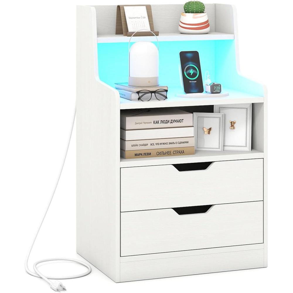 image:imageGiantex LED Night Stand with Charging Station End Side Table wOpen Shelves 2 Storage Drawers Cable Holes Nightstand wAdjustable Light Color amp Mode Modern Bedside Table for Bedroom 1 WhiteWhite