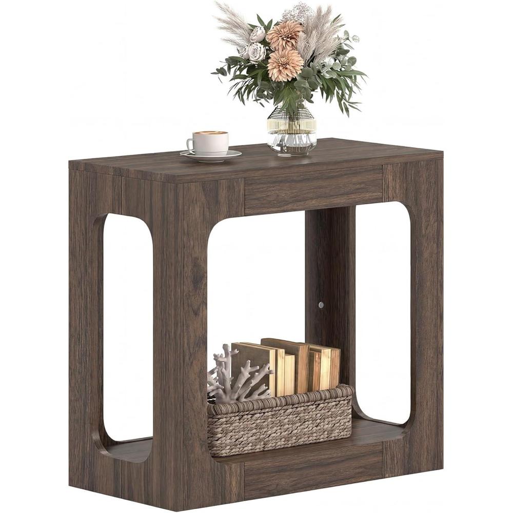 image:imageGiantex Narrow End Table 2Tier Farmhouse Side Table with Open Storage Shelf Arched Wood Night Stand for Bedroom Small Accent Furniture for Living Room Small Spaces OakBrown