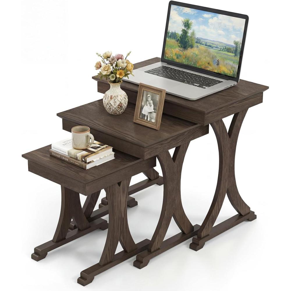 image:imageGiantex Nesting Coffee Table Setof3 Stackable Rectangular Sofa End Side Table wSolid Rubber Wood Legs Vintage Farmhouse Night Stand for Bedroom Living Room Home Office Small Spaces
