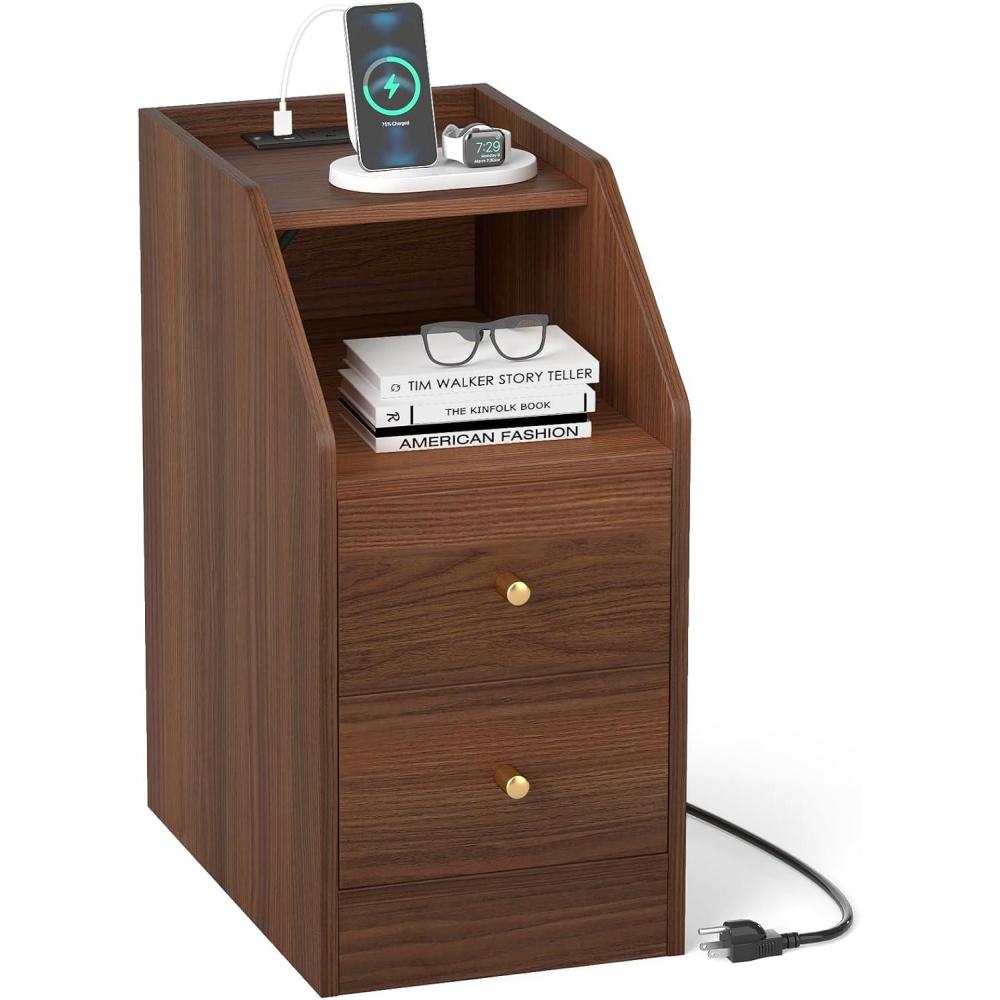 image:imageGiantex Night Stand with Charging Station Sofa Couch End Side Table wOpen Shelf Storage Drawers USB amp TypeC Port Modern Narrow Nightstand Bedside Table for Bedroom Small Spaces 1 WhiteWalnut