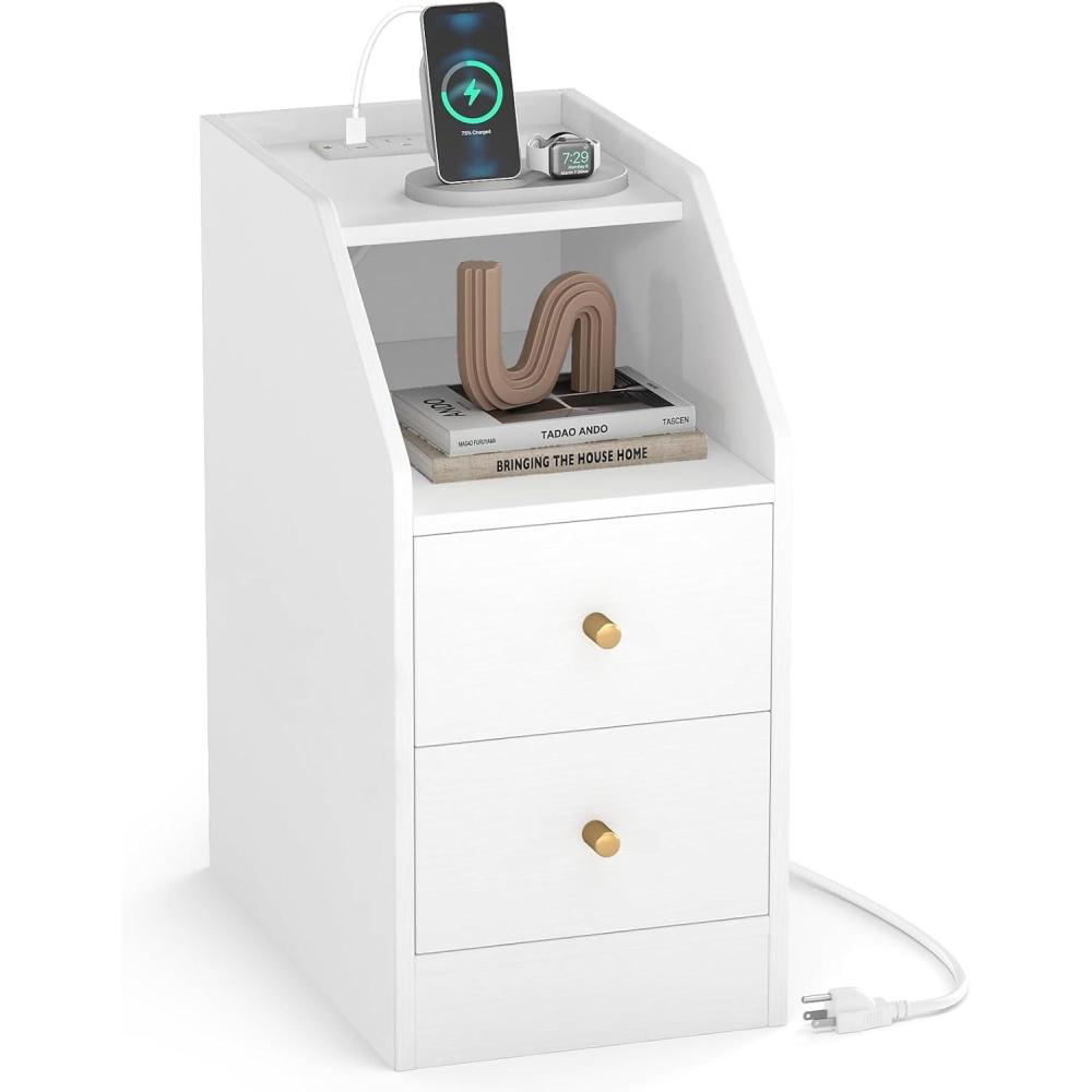 image:imageGiantex Night Stand with Charging Station Sofa Couch End Side Table wOpen Shelf Storage Drawers USB amp TypeC Port Modern Narrow Nightstand Bedside Table for Bedroom Small Spaces 1 WhiteWhite