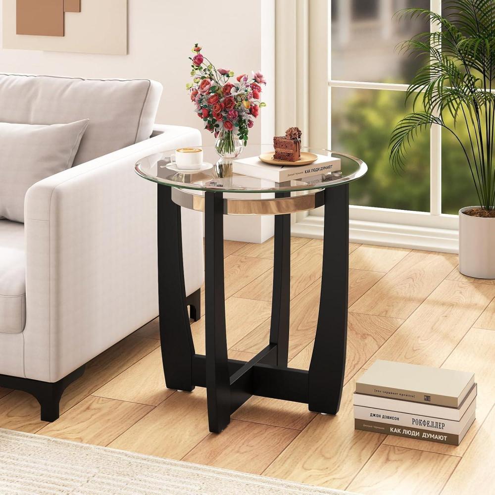 image:imageGiantex Round Glass End Table Set of 2 24 Side Table with Tempered Glass Top Nightstands with Cross amp Solid Rubber Wood Base Compact Bedside Night Stand for Bedroom Office Living Room 2 WalnutBlack