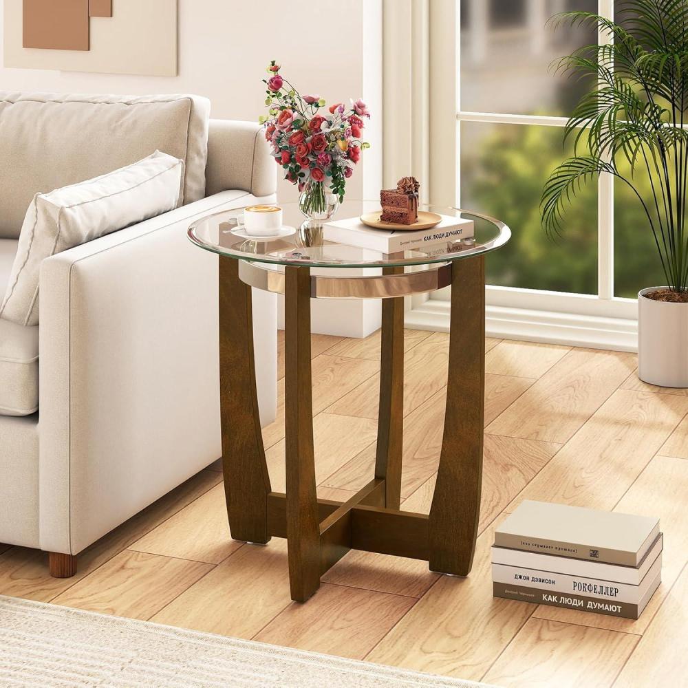image:imageGiantex Round Glass End Table Set of 2 24 Side Table with Tempered Glass Top Nightstands with Cross amp Solid Rubber Wood Base Compact Bedside Night Stand for Bedroom Office Living Room 2 WalnutWalnut
