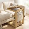 Giantex C-Shaped End Table with Wheels, Wooden Rolling Side Table w/Adjustable Desktop, Edge Stopper, Side Pocket & 3 Storage Shelves, Sofa Couch Bedside TV Tray for Living Room Bedroom (Brown,1)(Natural)