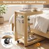 Giantex C-Shaped End Table with Wheels, Wooden Rolling Side Table w/Adjustable Desktop, Edge Stopper, Side Pocket & 3 Storage Shelves, Sofa Couch Bedside TV Tray for Living Room Bedroom (Brown,1)(Natural)