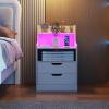 Giantex LED Night Stand with Charging Station, End Side Table w/Open Shelves, 2 Storage Drawers, Cable Holes, Nightstand w/Adjustable Light Color & Mode, Modern Bedside Table for Bedroom (1, White)(White)