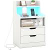 Giantex LED Night Stand with Charging Station, End Side Table w/Open Shelves, 2 Storage Drawers, Cable Holes, Nightstand w/Adjustable Light Color & Mode, Modern Bedside Table for Bedroom (1, White)(White)