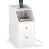 Giantex Night Stand with Charging Station – Sofa Couch End Side Table w/Open Shelf, Storage Drawers, USB & Type-C Port, Modern Narrow Nightstand Bedside Table for Bedroom Small Spaces (1, White)(White)