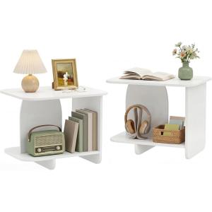 Giantex 2-Tier End Table Set of 2, Modern Sofa Side Table with Open Storage Shelf, Wooden Bedside Night Stand for Bedroom Living Room Study Small Spaces, Easy Assembly, White(2)