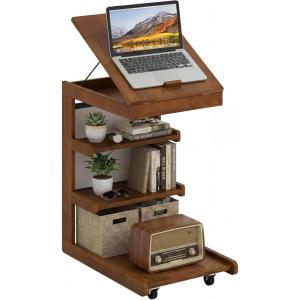 Giantex C-Shaped End Table with Wheels, Wooden Rolling Side Table w/Adjustable Desktop, Edge Stopper, Side Pocket & 3 Storage Shelves, Sofa Couch Bedside TV Tray for Living Room Bedroom (Brown,1)(Brown)