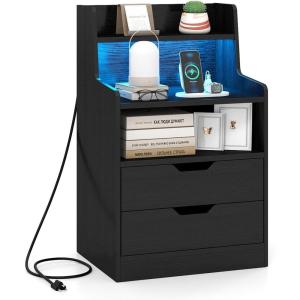 Giantex LED Night Stand with Charging Station, End Side Table w/Open Shelves, 2 Storage Drawers, Cable Holes, Nightstand w/Adjustable Light Color & Mode, Modern Bedside Table for Bedroom (1, White)(Black)
