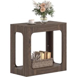 Giantex Narrow End Table, 2-Tier Farmhouse Side Table with Open Storage Shelf, Arched Wood Night Stand for Bedroom, Small Accent Furniture for Living Room Small Spaces, Oak(Brown)