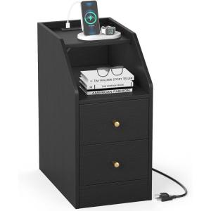 Giantex Night Stand with Charging Station – Sofa Couch End Side Table w/Open Shelf, Storage Drawers, USB & Type-C Port, Modern Narrow Nightstand Bedside Table for Bedroom Small Spaces (1, White)(Black)