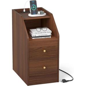 Giantex Night Stand with Charging Station – Sofa Couch End Side Table w/Open Shelf, Storage Drawers, USB & Type-C Port, Modern Narrow Nightstand Bedside Table for Bedroom Small Spaces (1, White)(Walnut)