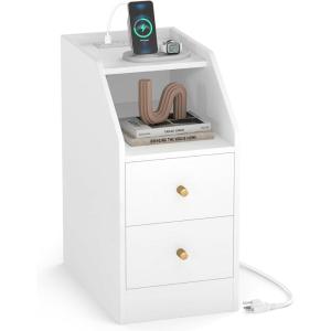 Giantex Night Stand with Charging Station – Sofa Couch End Side Table w/Open Shelf, Storage Drawers, USB & Type-C Port, Modern Narrow Nightstand Bedside Table for Bedroom Small Spaces (1, White)(White)