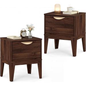 Giantex Night Stand with Storage, Mid Century Modern Wood Bedside Table with Drawer & Tapered Support Legs, 21” Compact Sofa End Couch Side Table for Small Spaces Bedroom, Walnut (1)(2)