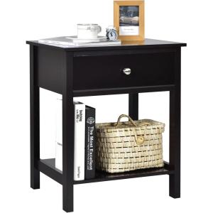 Giantex Nightstand, Wood End Table with Drawer and Open Shelf, Night Stand for Small Spaces, 2-Tier Bedside Table for Living Room Bedroom Dorm, Easy Assembly, White(Black)