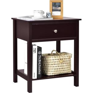 Giantex Nightstand, Wood End Table with Drawer and Open Shelf, Night Stand for Small Spaces, 2-Tier Bedside Table for Living Room Bedroom Dorm, Easy Assembly, White(Brown)