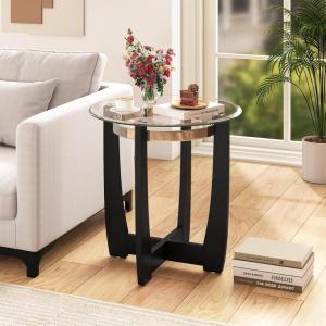 Giantex Round Glass End Table Set of 2, 24’’ Side Table with Tempered Glass Top, Nightstands with Cross & Solid Rubber Wood Base, Compact Bedside Night Stand for Bedroom Office Living Room (2, Walnut)(Black)