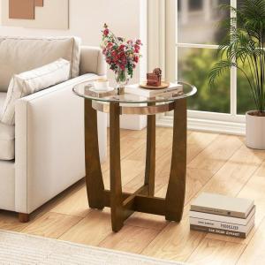 Giantex Round Glass End Table Set of 2, 24’’ Side Table with Tempered Glass Top, Nightstands with Cross & Solid Rubber Wood Base, Compact Bedside Night Stand for Bedroom Office Living Room (2, Walnut)(Walnut)