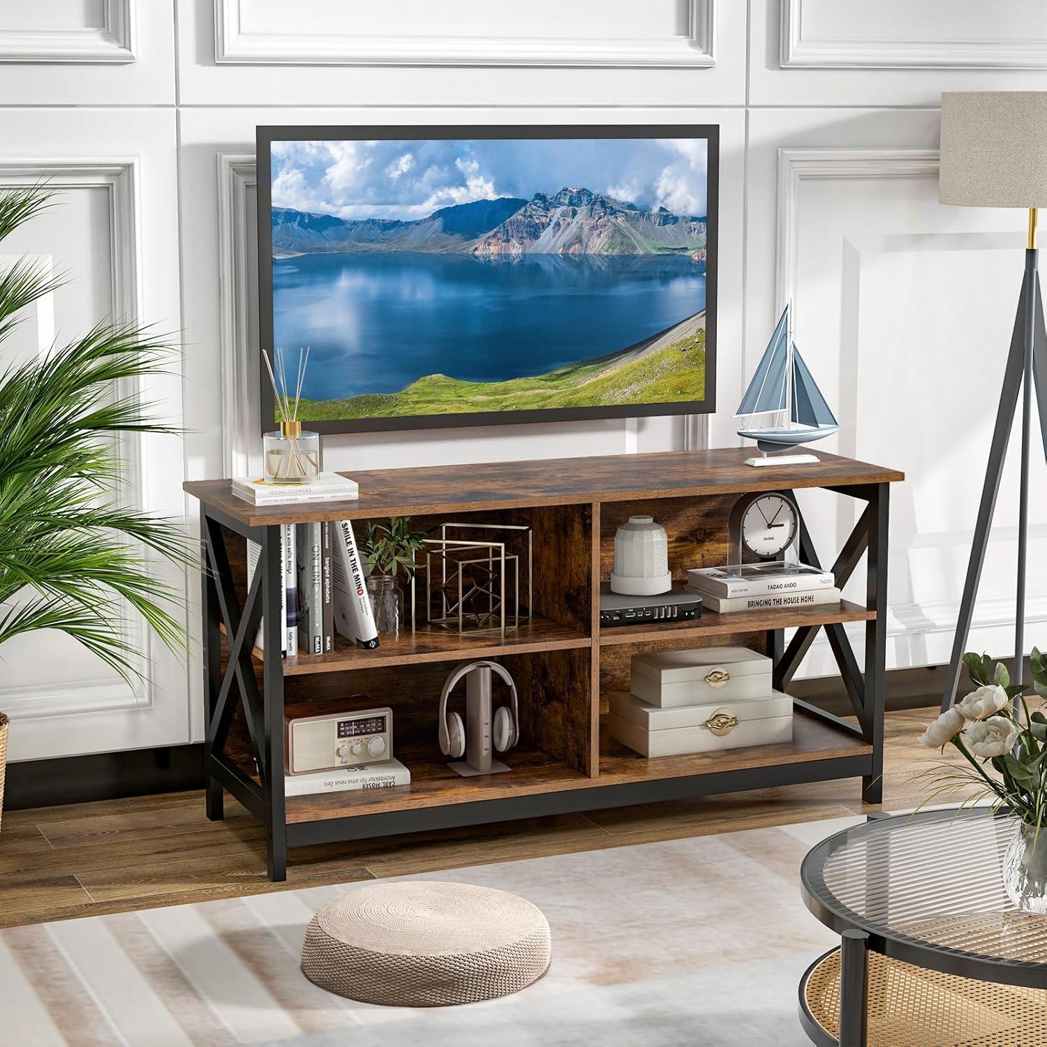 image:imageGiantex TV Stands for Living Room 3Tier Media Console Table with Storage Shelves XShaped Frame 5 Support Legs TV Cabinet for TVs up to 55 Modern Entertainment Center for Living Room Brown