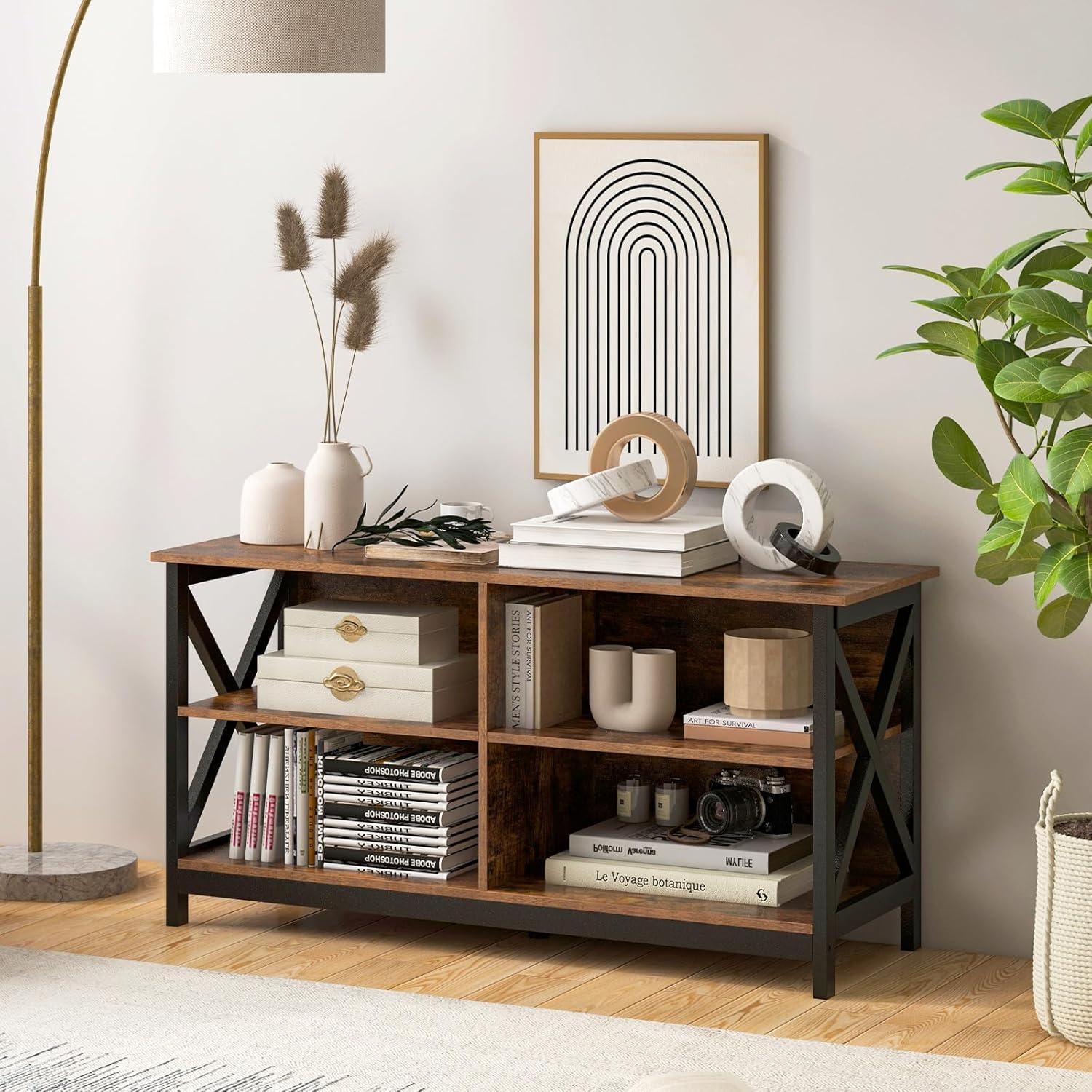 image:imageGiantex TV Stands for Living Room 3Tier Media Console Table with Storage Shelves XShaped Frame 5 Support Legs TV Cabinet for TVs up to 55 Modern Entertainment Center for Living Room Brown