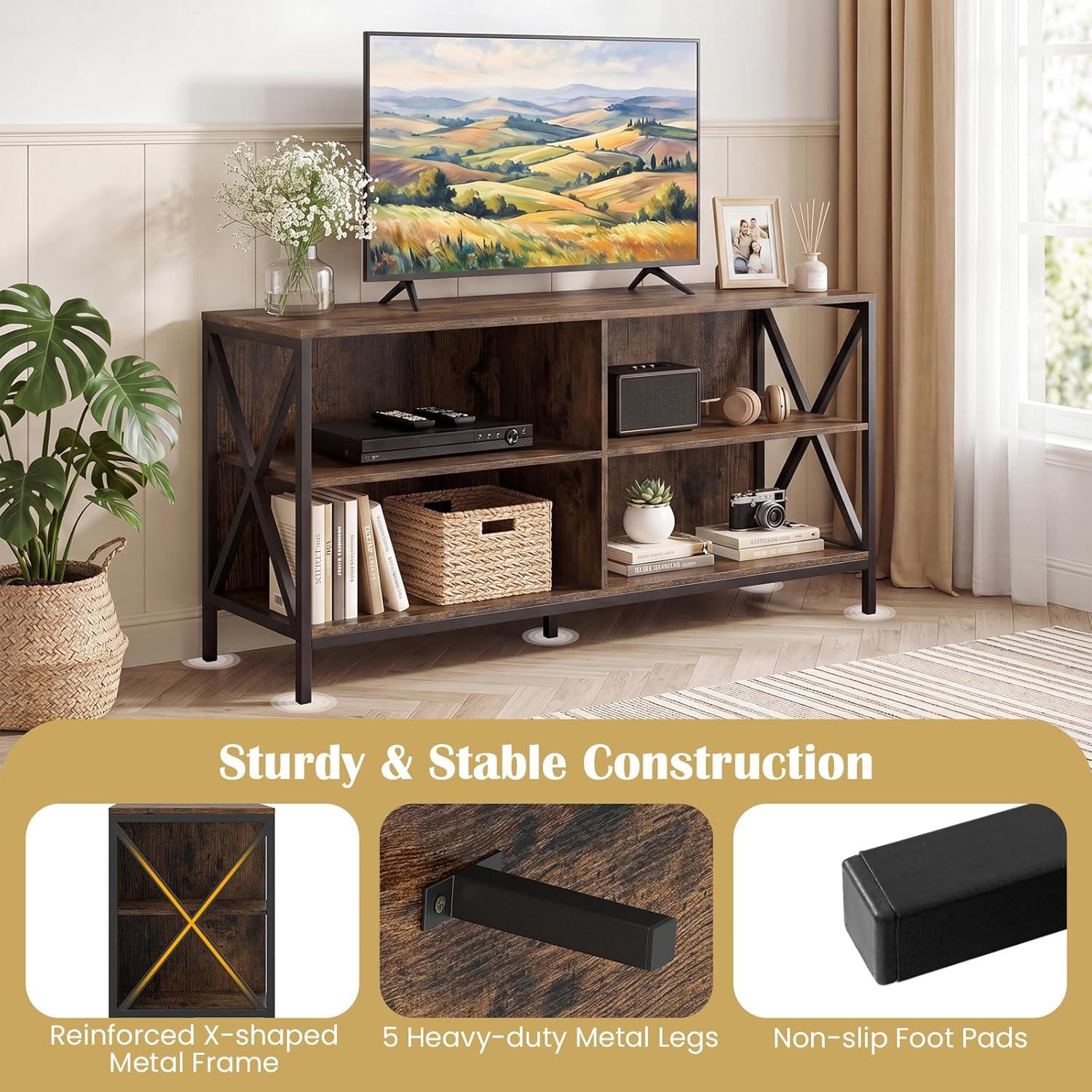 image:imageGiantex TV Stands for Living Room 3Tier Media Console Table with Storage Shelves XShaped Frame 5 Support Legs TV Cabinet for TVs up to 55 Modern Entertainment Center for Living Room Brown