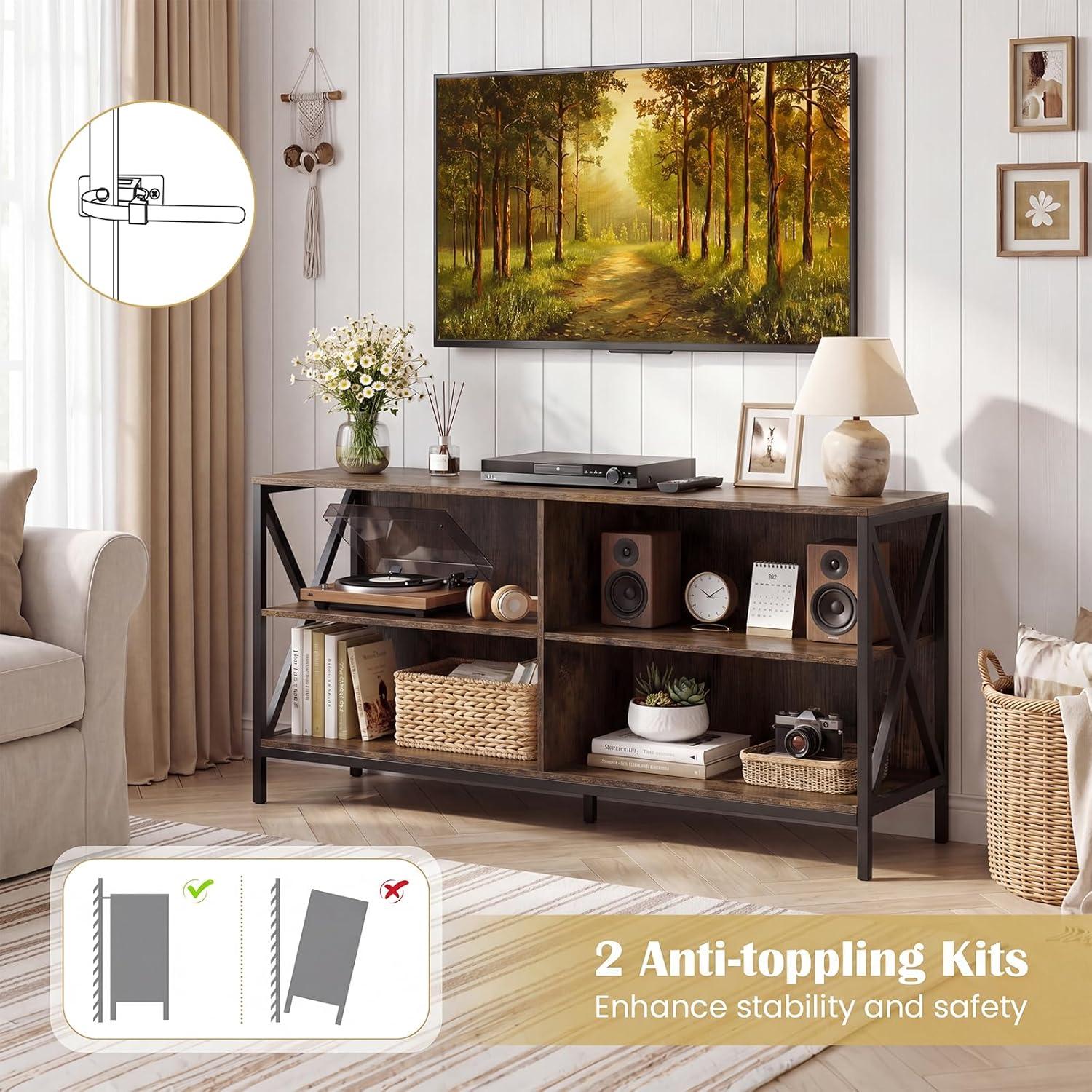 image:imageGiantex TV Stands for Living Room 3Tier Media Console Table with Storage Shelves XShaped Frame 5 Support Legs TV Cabinet for TVs up to 55 Modern Entertainment Center for Living Room Brown