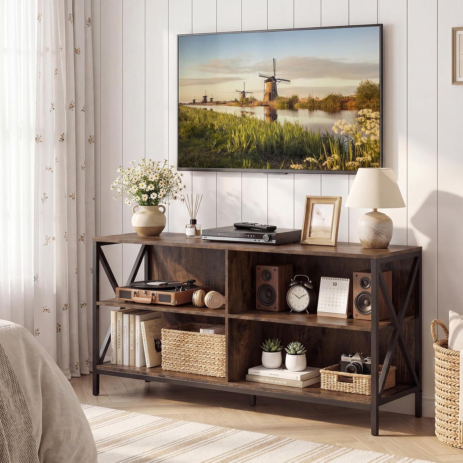 image:imageGiantex TV Stands for Living Room 3Tier Media Console Table with Storage Shelves XShaped Frame 5 Support Legs TV Cabinet for TVs up to 55 Modern Entertainment Center for Living Room Brown
