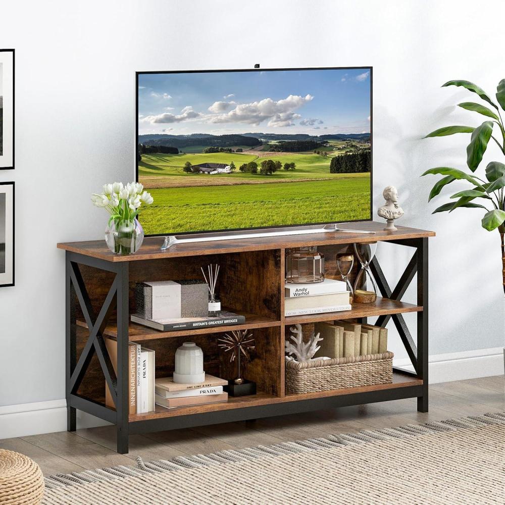 image:imageGiantex TV Stands for Living Room 3Tier Media Console Table with Storage Shelves XShaped Frame 5 Support Legs TV Cabinet for TVs up to 55 Modern Entertainment Center for Living Room Brown