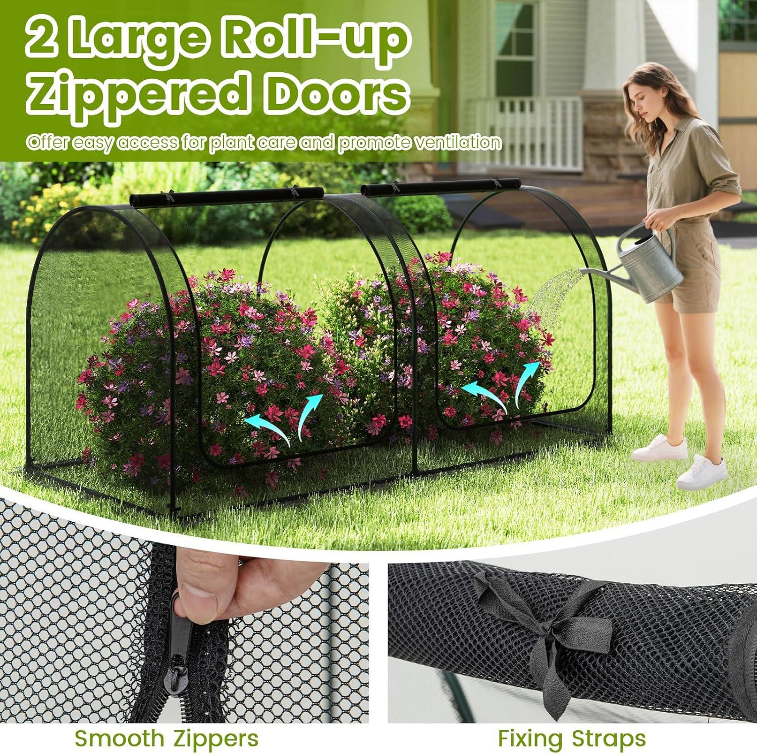 image:imageGiantex 108 x 48 x 47 Tunnel Crop Cage Large Portable Plant Protection Tent w 3 Rollup Zippered Doors amp Carrying Bag Raised Garden Bed Netting Cover for Vegetables Fruits Flowers98 x 48 x 48