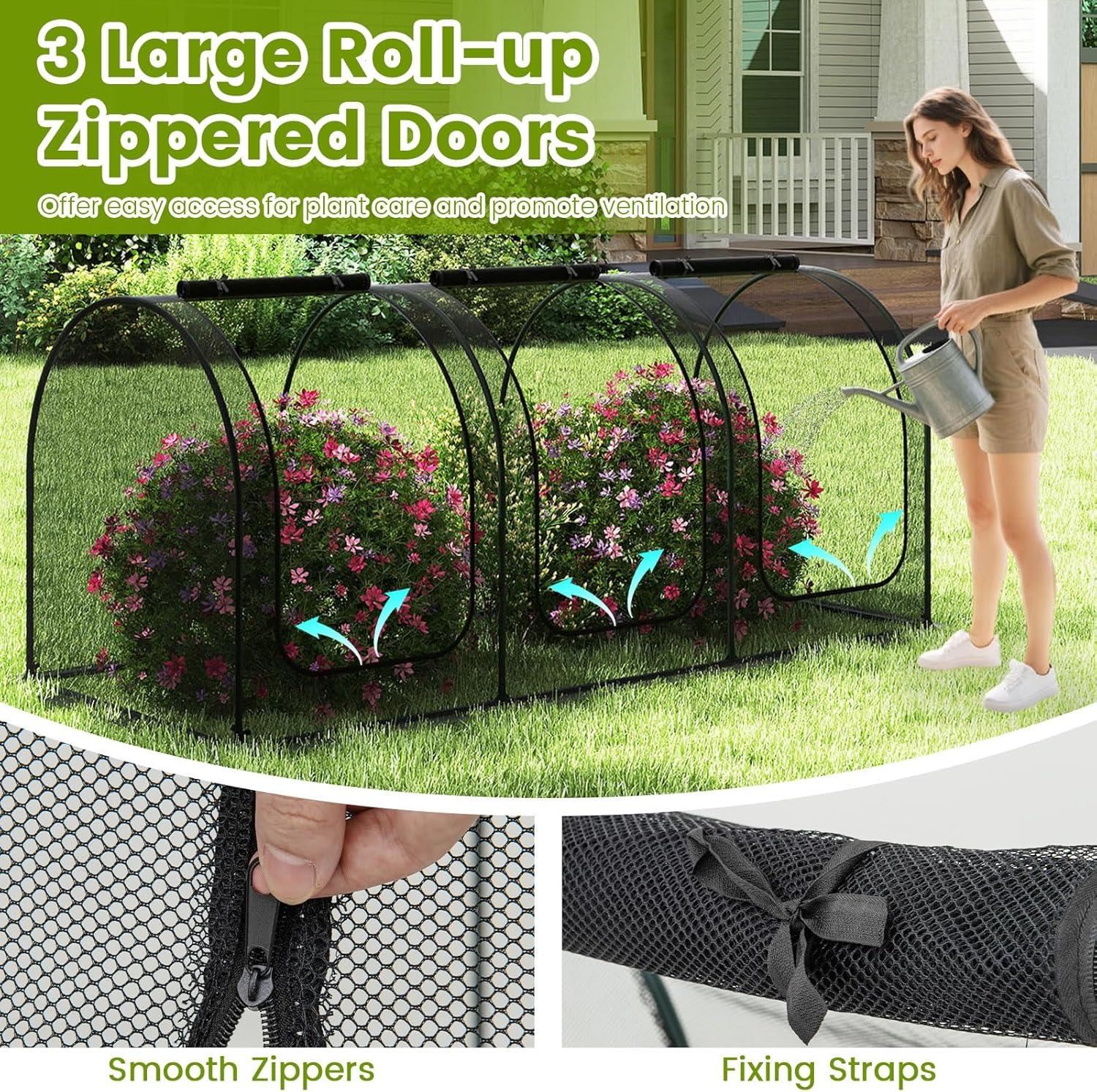 image:imageGiantex 108 x 48 x 47 Tunnel Crop Cage Large Portable Plant Protection Tent w 3 Rollup Zippered Doors amp Carrying Bag Raised Garden Bed Netting Cover for Vegetables Fruits Flowers108 x 48 x 47