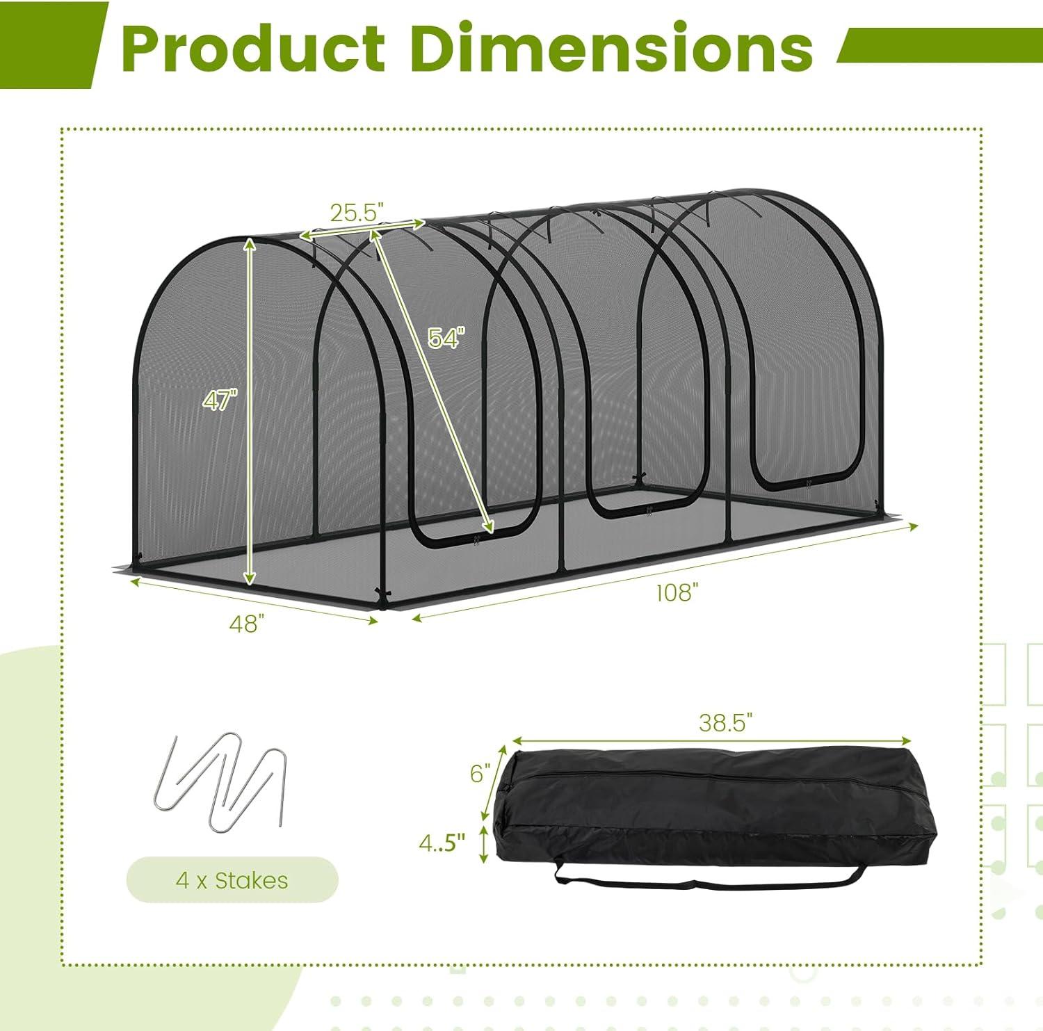 image:imageGiantex 108 x 48 x 47 Tunnel Crop Cage Large Portable Plant Protection Tent w 3 Rollup Zippered Doors amp Carrying Bag Raised Garden Bed Netting Cover for Vegetables Fruits Flowers108 x 48 x 47