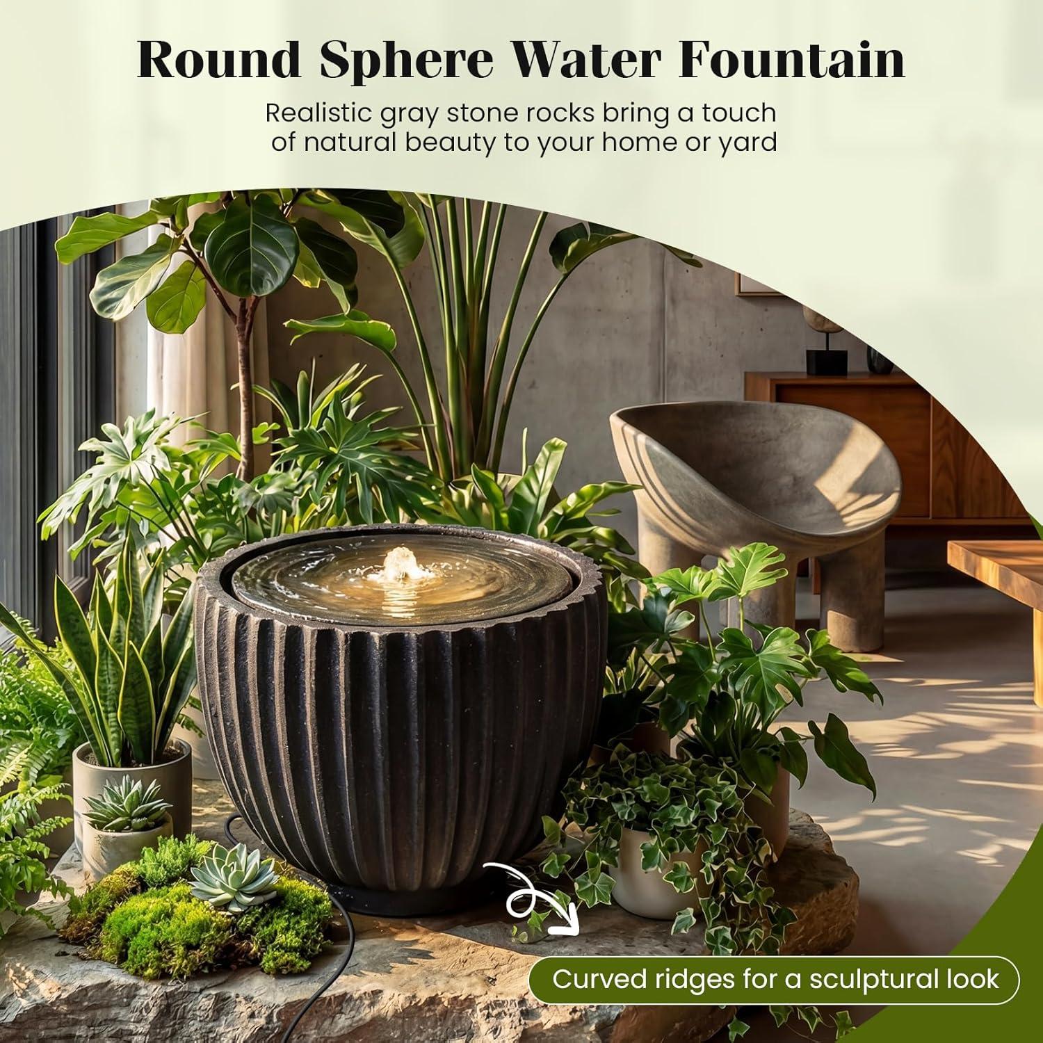 image:imageGiantex 18 Round Outdoor Water Fountain with 6 LED Lights Stone Gray Resin Sphere Waterfall Feature with Adjustable Pump Lighted Bubbling Fountain for Garden Patio Porch Decor 18 Dia x 95 H175 Dia x 14 H