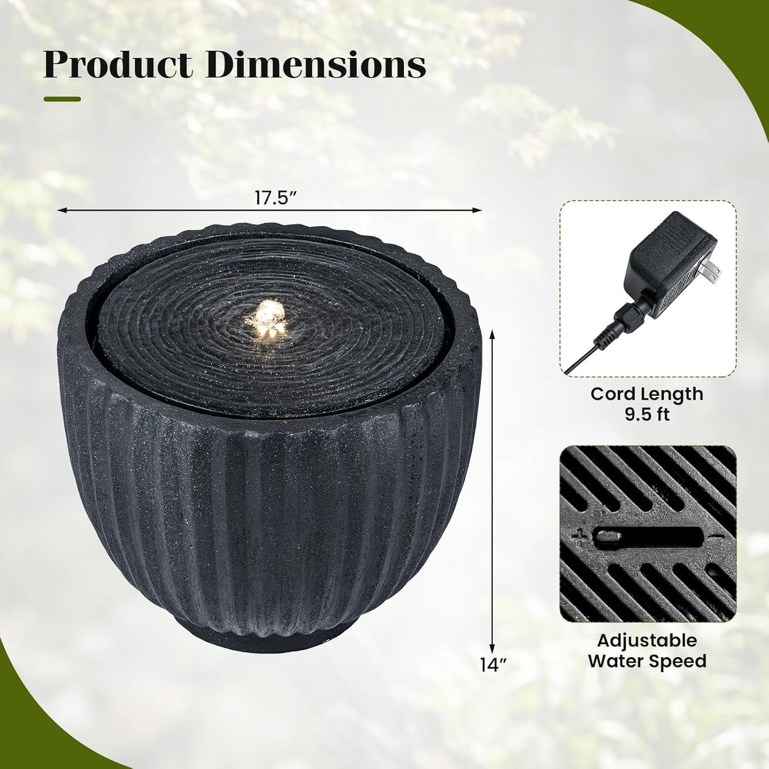 image:imageGiantex 18 Round Outdoor Water Fountain with 6 LED Lights Stone Gray Resin Sphere Waterfall Feature with Adjustable Pump Lighted Bubbling Fountain for Garden Patio Porch Decor 18 Dia x 95 H175 Dia x 14 H