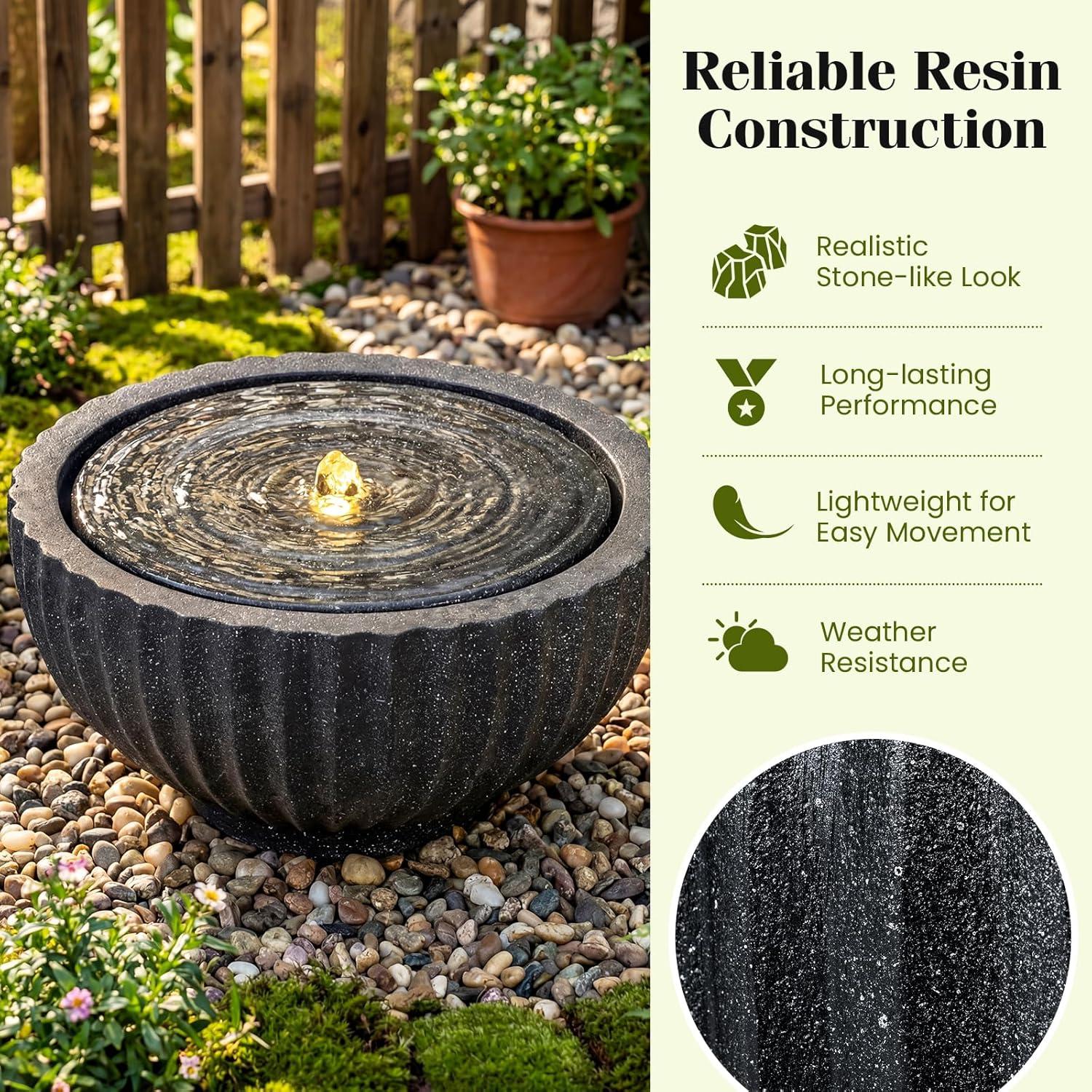 image:imageGiantex 18 Round Outdoor Water Fountain with 6 LED Lights Stone Gray Resin Sphere Waterfall Feature with Adjustable Pump Lighted Bubbling Fountain for Garden Patio Porch Decor 18 Dia x 95 H18 Dia x 95 H