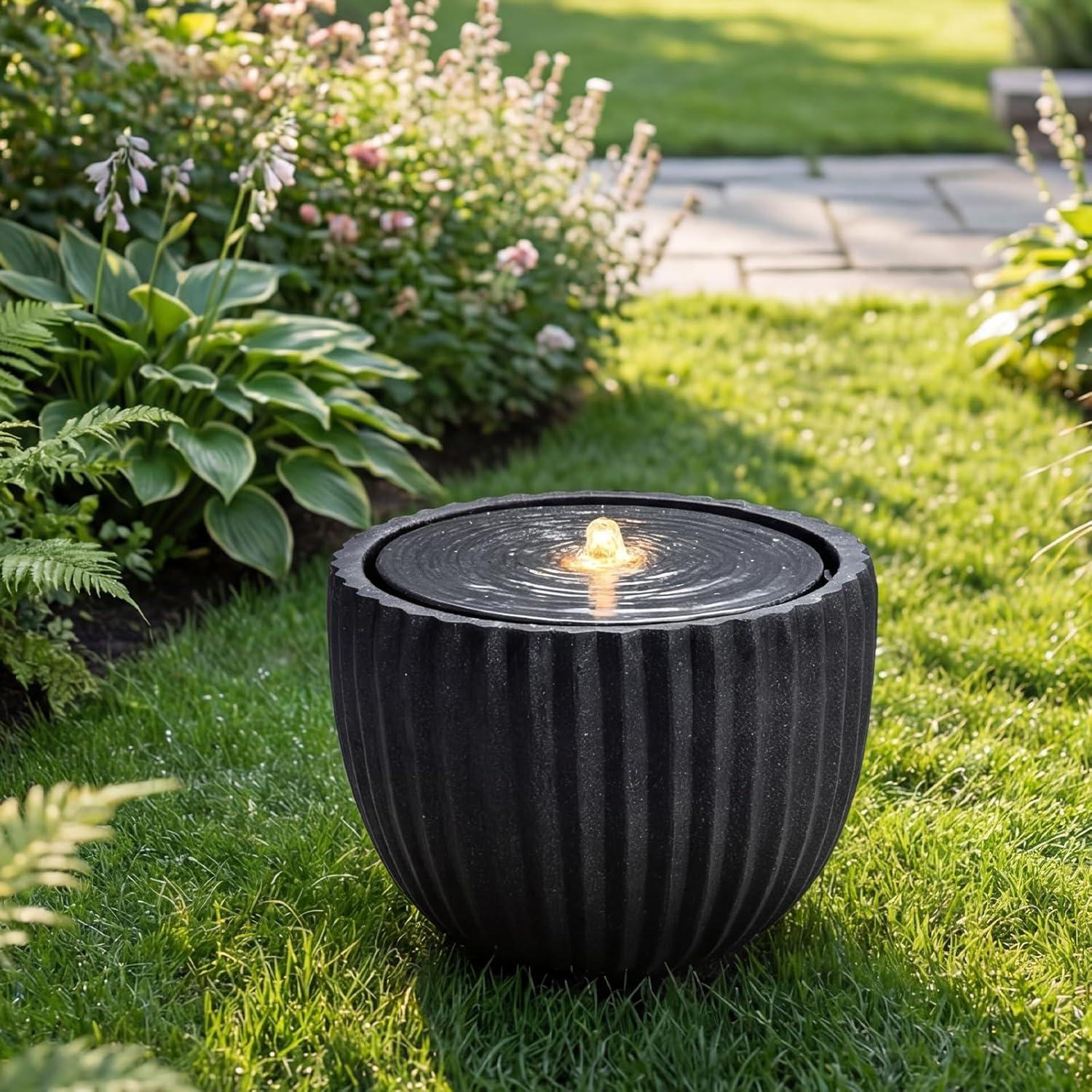 image:imageGiantex 18 Round Outdoor Water Fountain with 6 LED Lights Stone Gray Resin Sphere Waterfall Feature with Adjustable Pump Lighted Bubbling Fountain for Garden Patio Porch Decor 18 Dia x 95 H175 Dia x 14 H