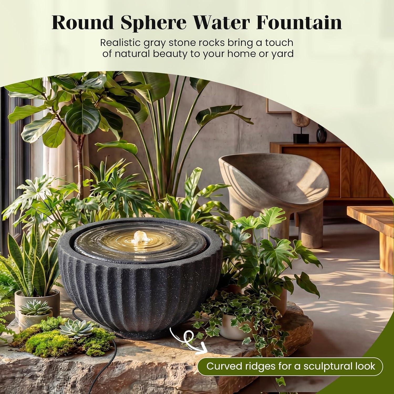 image:imageGiantex 18 Round Outdoor Water Fountain with 6 LED Lights Stone Gray Resin Sphere Waterfall Feature with Adjustable Pump Lighted Bubbling Fountain for Garden Patio Porch Decor 18 Dia x 95 H18 Dia x 95 H