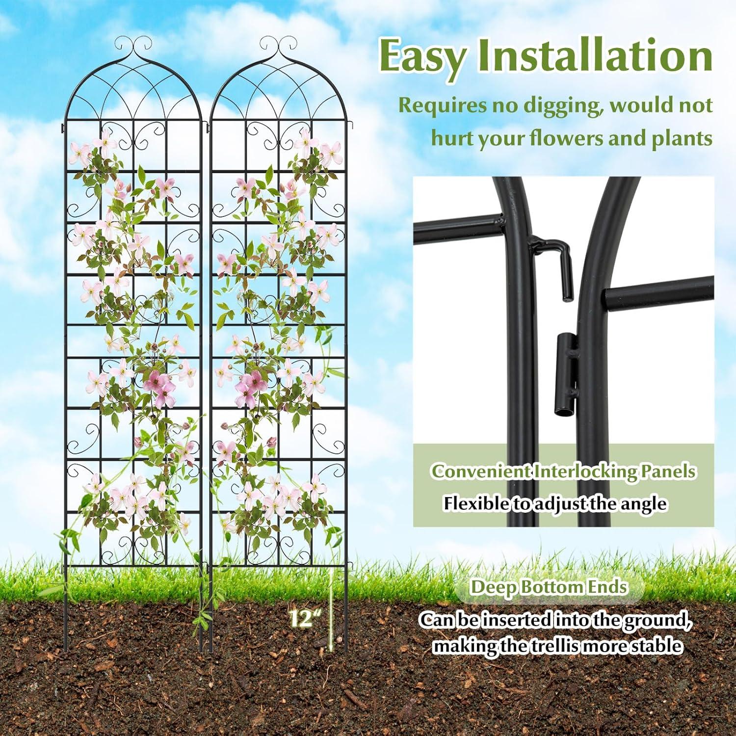 image:imageGiantex 2 Packs 86x20 Metal Garden Trellis for Outdoor Climbing Plants HeavyDuty Plant Support for Vine Rose Vegetable Flower Rustproof Black Metal Coating Patio Trellis Arch Decorative Fence86x204 Panel
